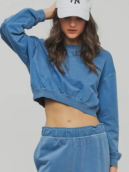 Blue Mineral Wash Crop Sweatshirt