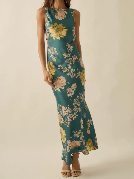 Teal Floral Cowl-Back Maxi