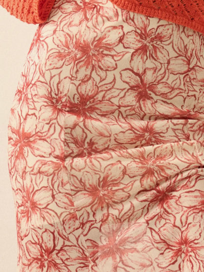 Red Floral Mesh Pleated Skirt