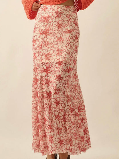 Red Floral Mesh Pleated Skirt