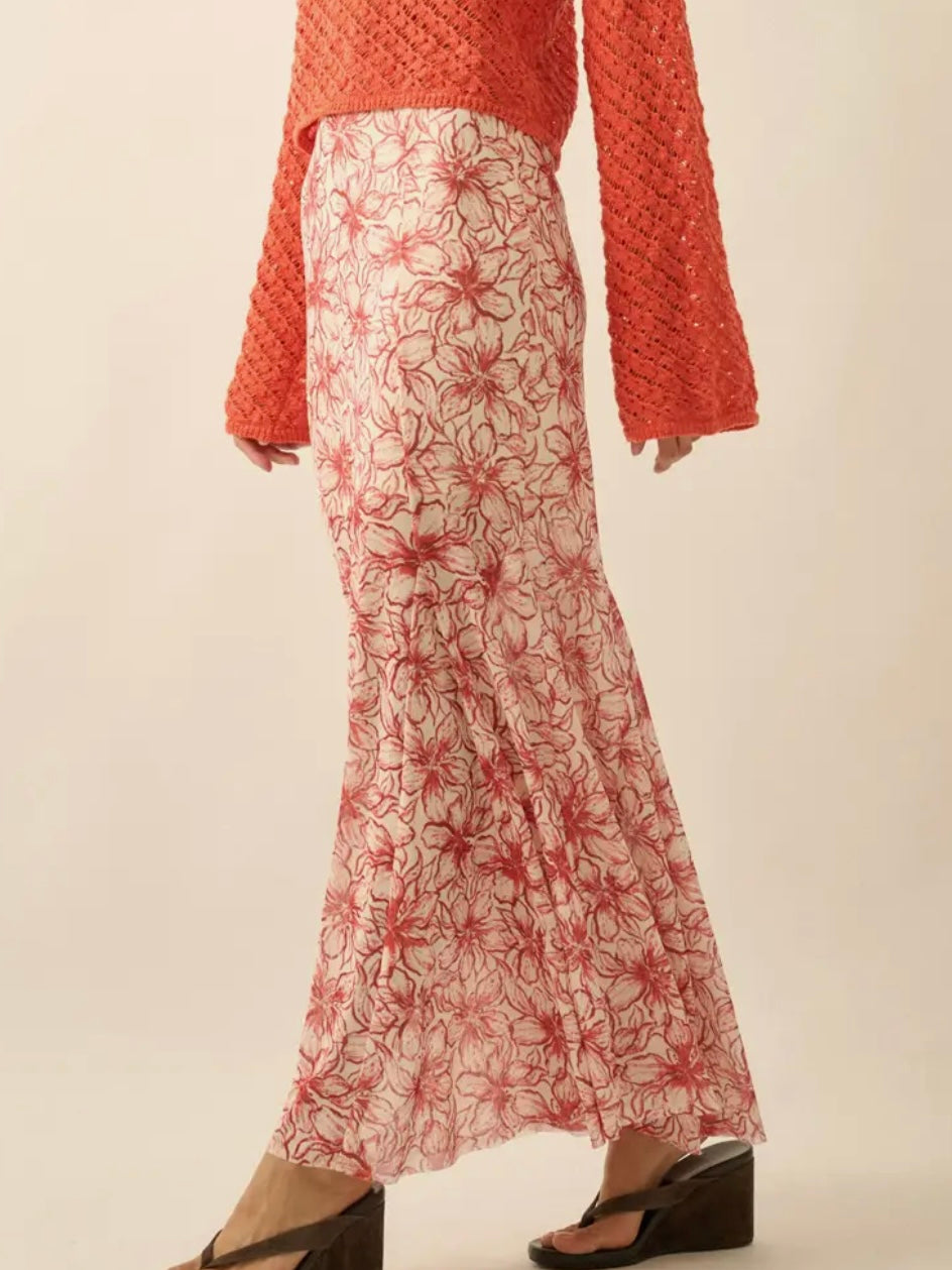 Red Floral Mesh Pleated Skirt