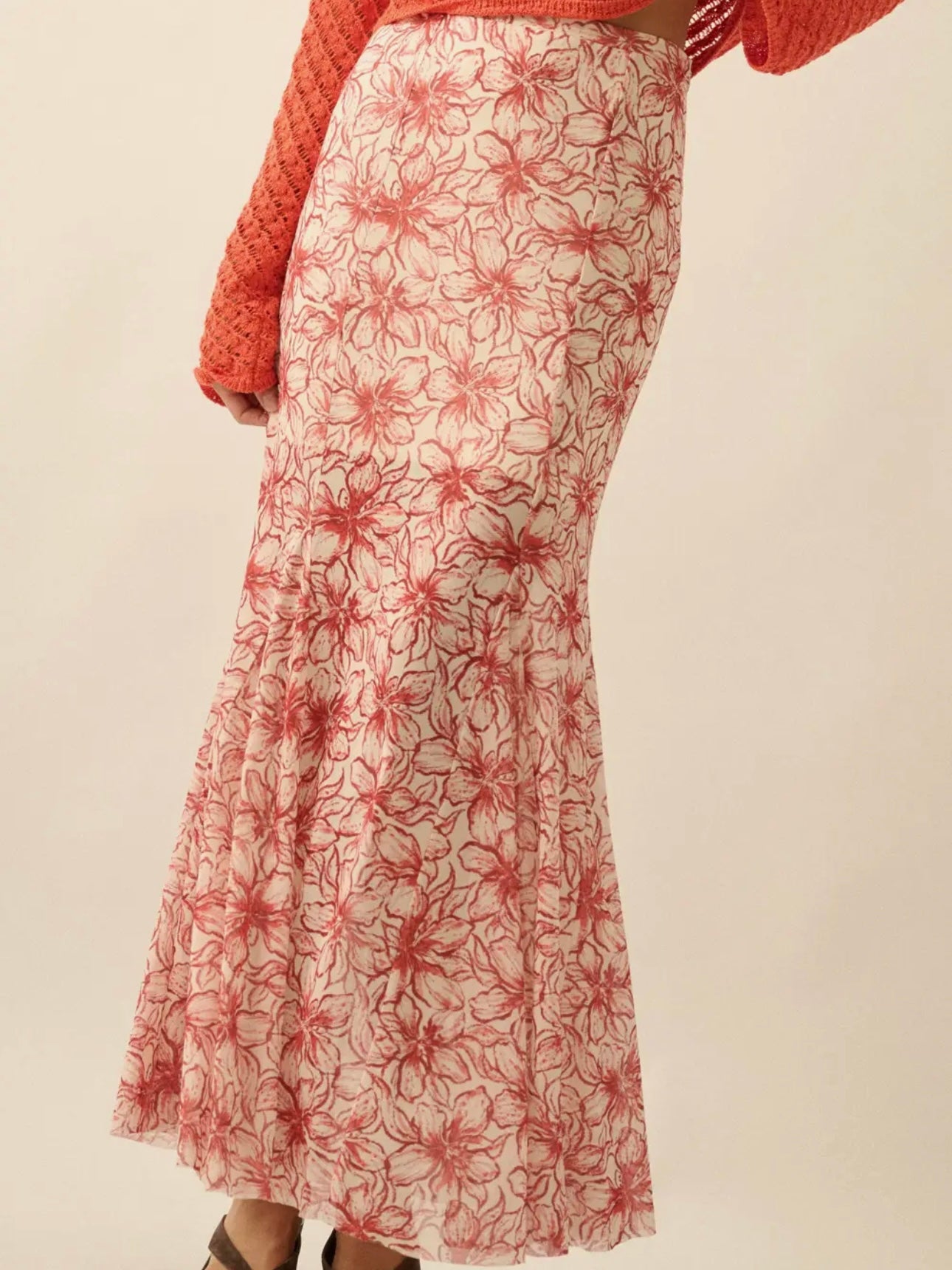 Red Floral Mesh Pleated Skirt