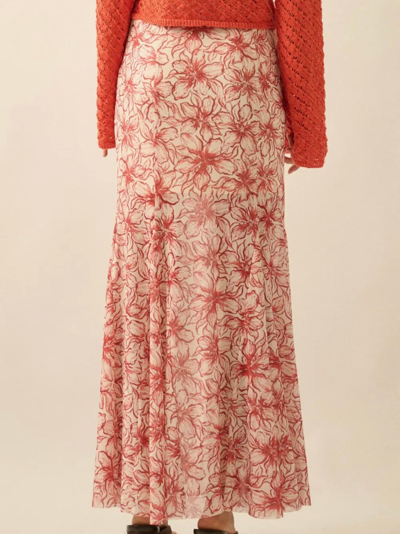 Red Floral Mesh Pleated Skirt