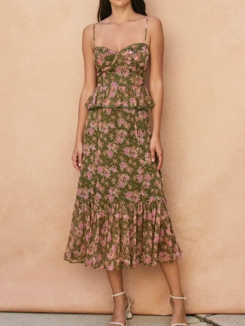 Olive Floral Ruffled Layered Dress