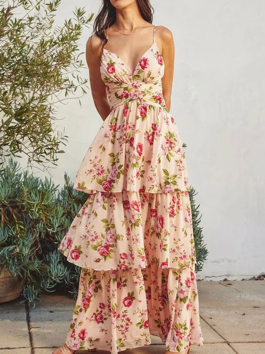 Pink Ruched Tiered Maxi Dress