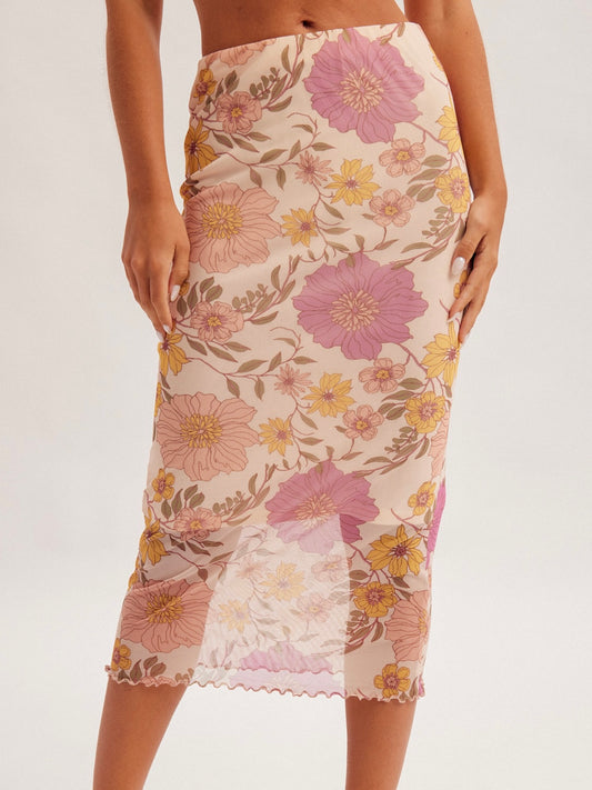 Multi Floral Mesh Midi Skirt