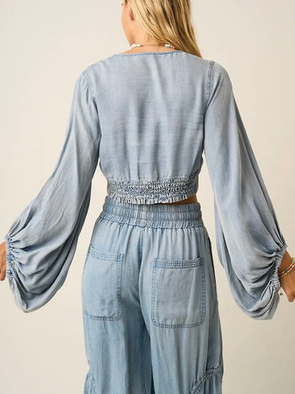 Chambray Balloon Sleeve Crop Blouse
