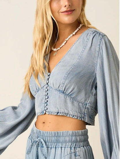 Chambray Balloon Sleeve Crop Blouse