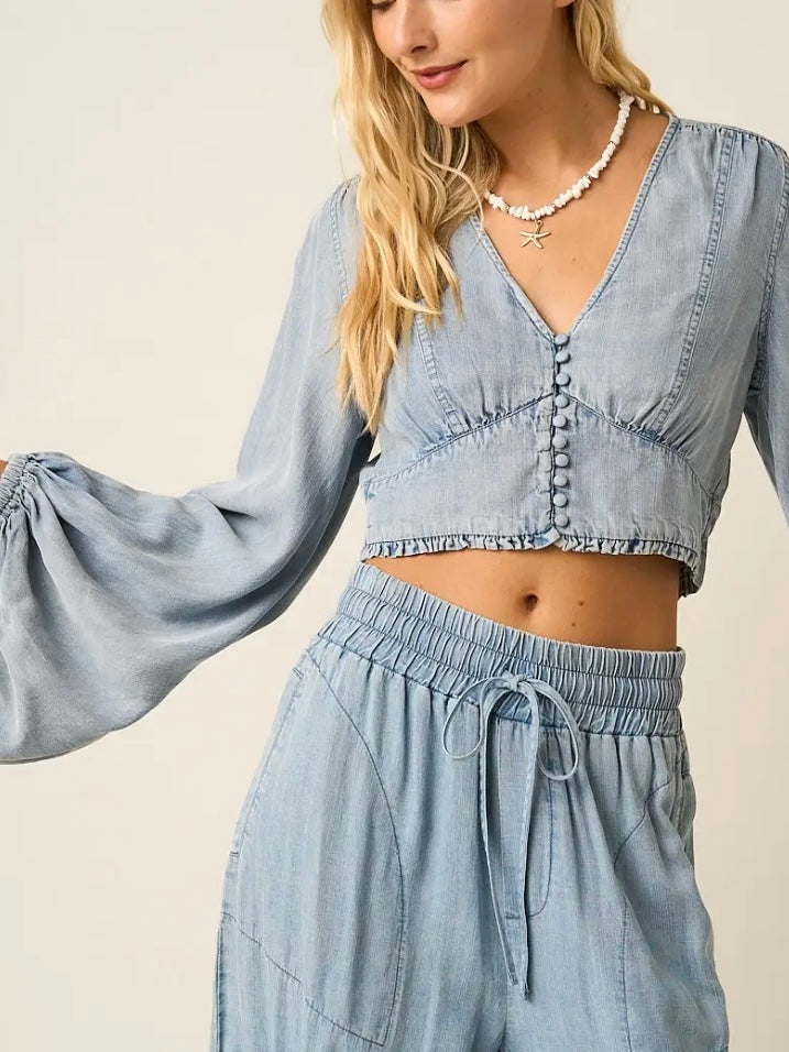 Chambray Balloon Sleeve Crop Blouse