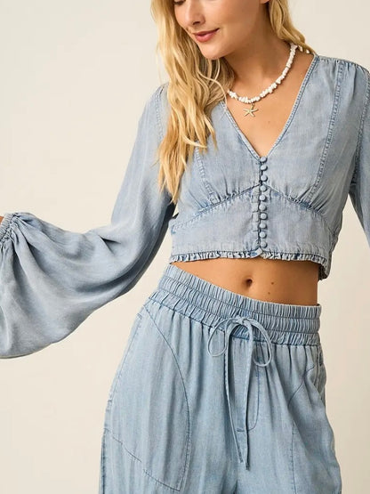 Chambray Balloon Sleeve Crop Blouse