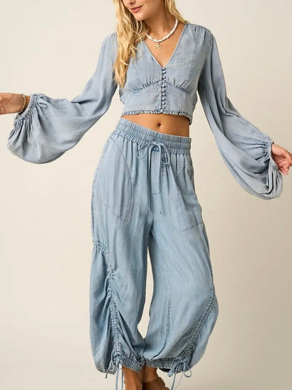 Chambray Balloon Sleeve Crop Blouse
