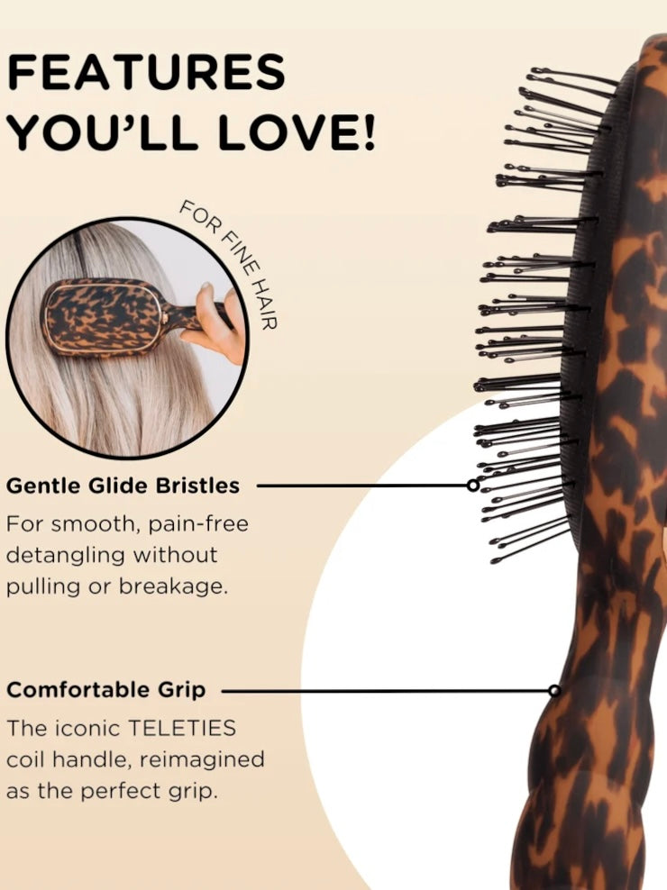 A close-up promotional graphic for a leopard-print hairbrush with text callouts about gentle glide bristles and a comfortable grip, plus a small circular inset showing use on fine hair.