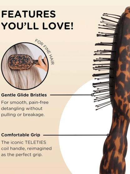 A close-up promotional graphic for a leopard-print hairbrush with text callouts about gentle glide bristles and a comfortable grip, plus a small circular inset showing use on fine hair.
