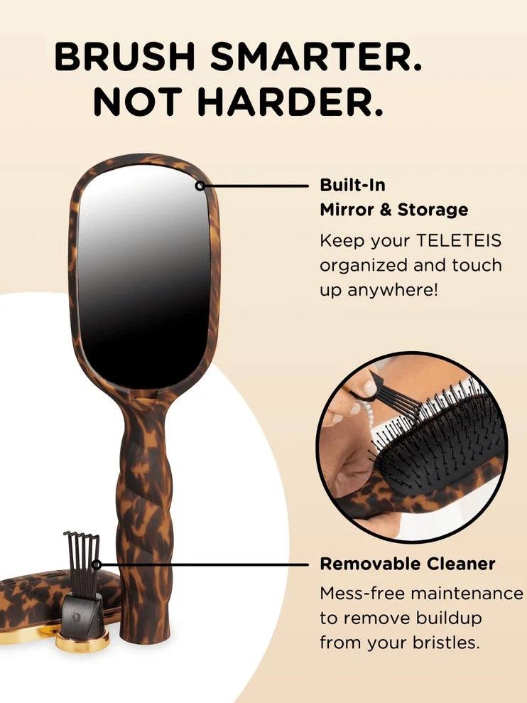 TELETEIS hairbrush with a tortoiseshell handle and mirror, shown with a small cleaning brush and cleaner on a beige background with feature callouts.