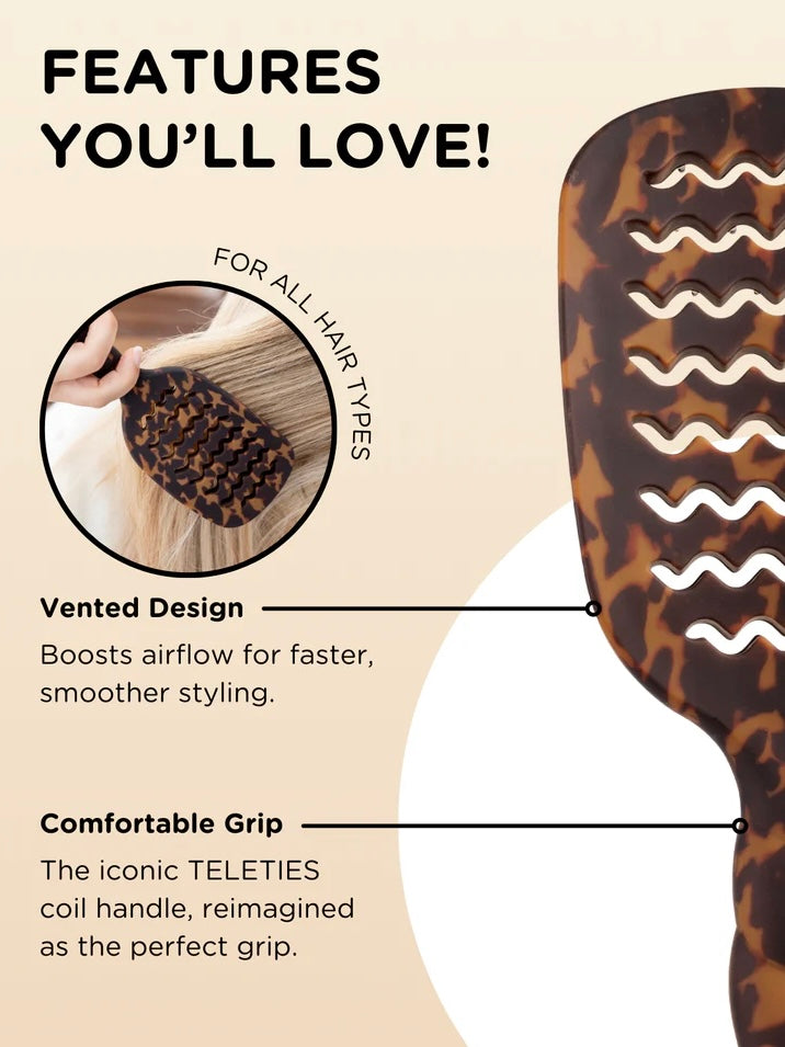 Promotional graphic for a hairbrush with a tortoiseshell pattern, featuring text callouts about vented design and comfortable grip, plus a circular inset showing the brush on hair.