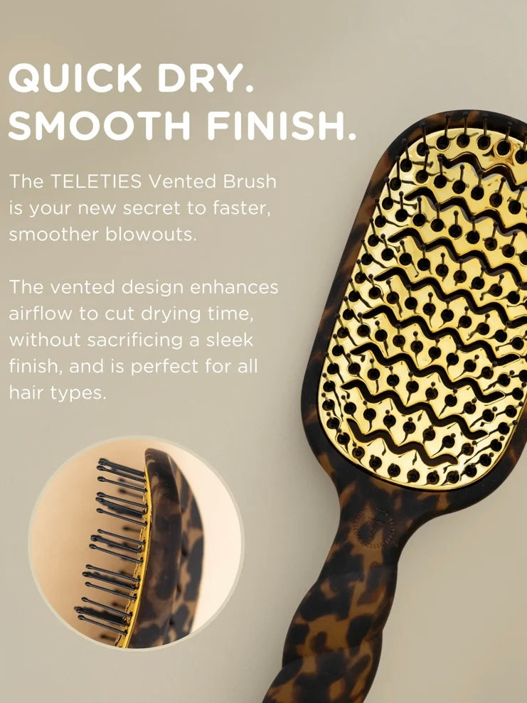 A TELETIES Vented Brush hairbrush shown on a light beige background with promotional text and a circular inset close-up of the bristles.