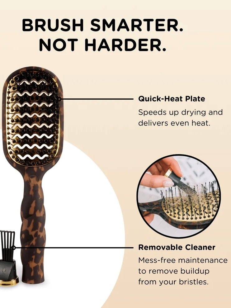 A hairbrush with a tortoiseshell-style handle and bristle head is shown on a beige background with marketing text and callouts for a quick-heat plate and removable cleaner. A small inset circle shows a hand using the brush to remove hair buildup.