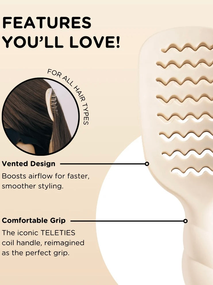 A beige hairbrush shown on a warm beige background with marketing text highlighting features like vented design and comfortable grip. A circular inset shows the brush being used on dark hair.