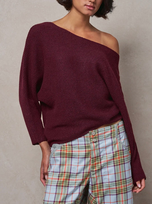 Burgundy Dolman Sleeve Boat Neck Knit Sweater