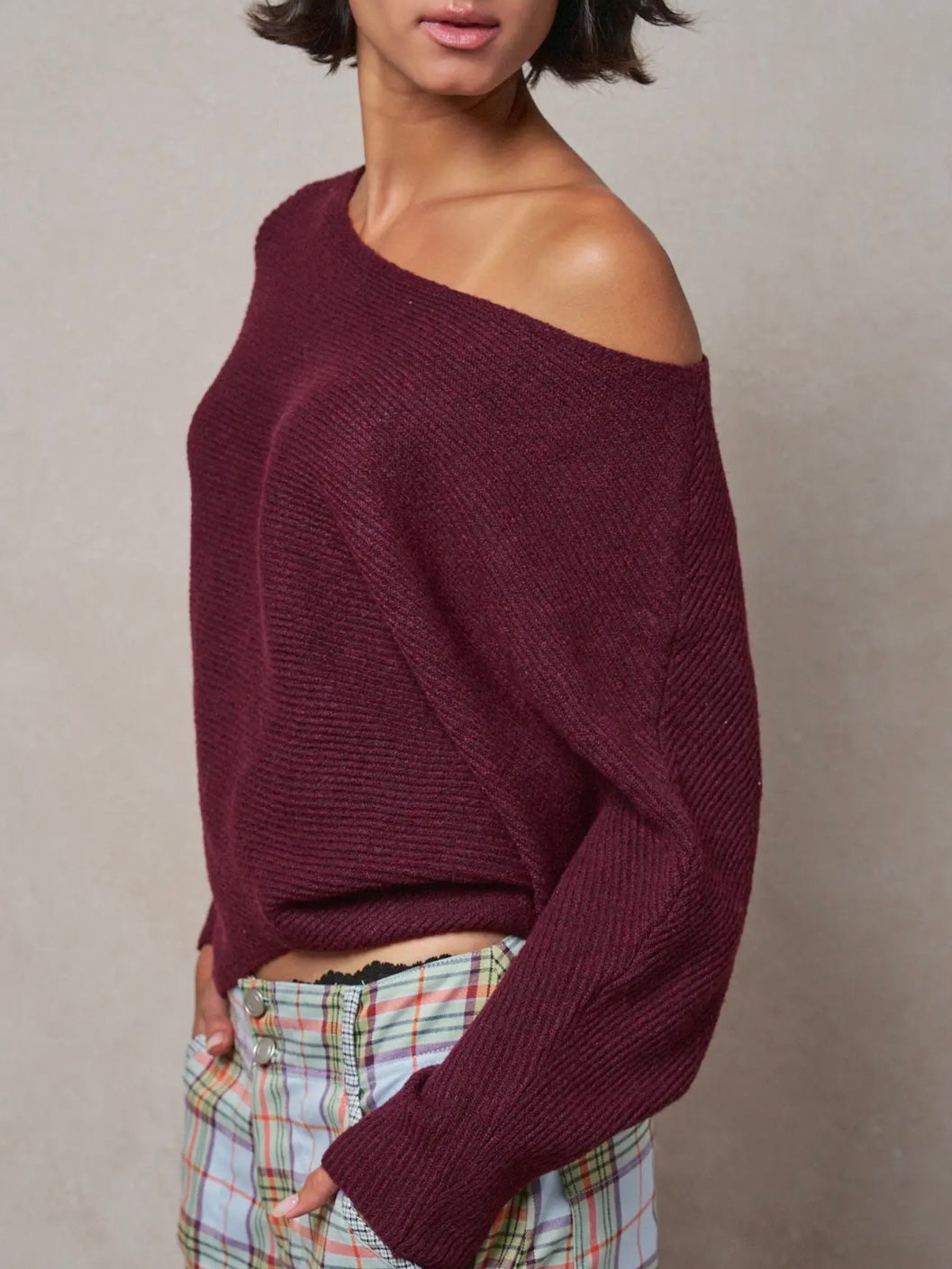 Burgundy Dolman Sleeve Boat Neck Knit Sweater