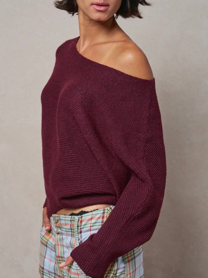 Burgundy Dolman Sleeve Boat Neck Knit Sweater