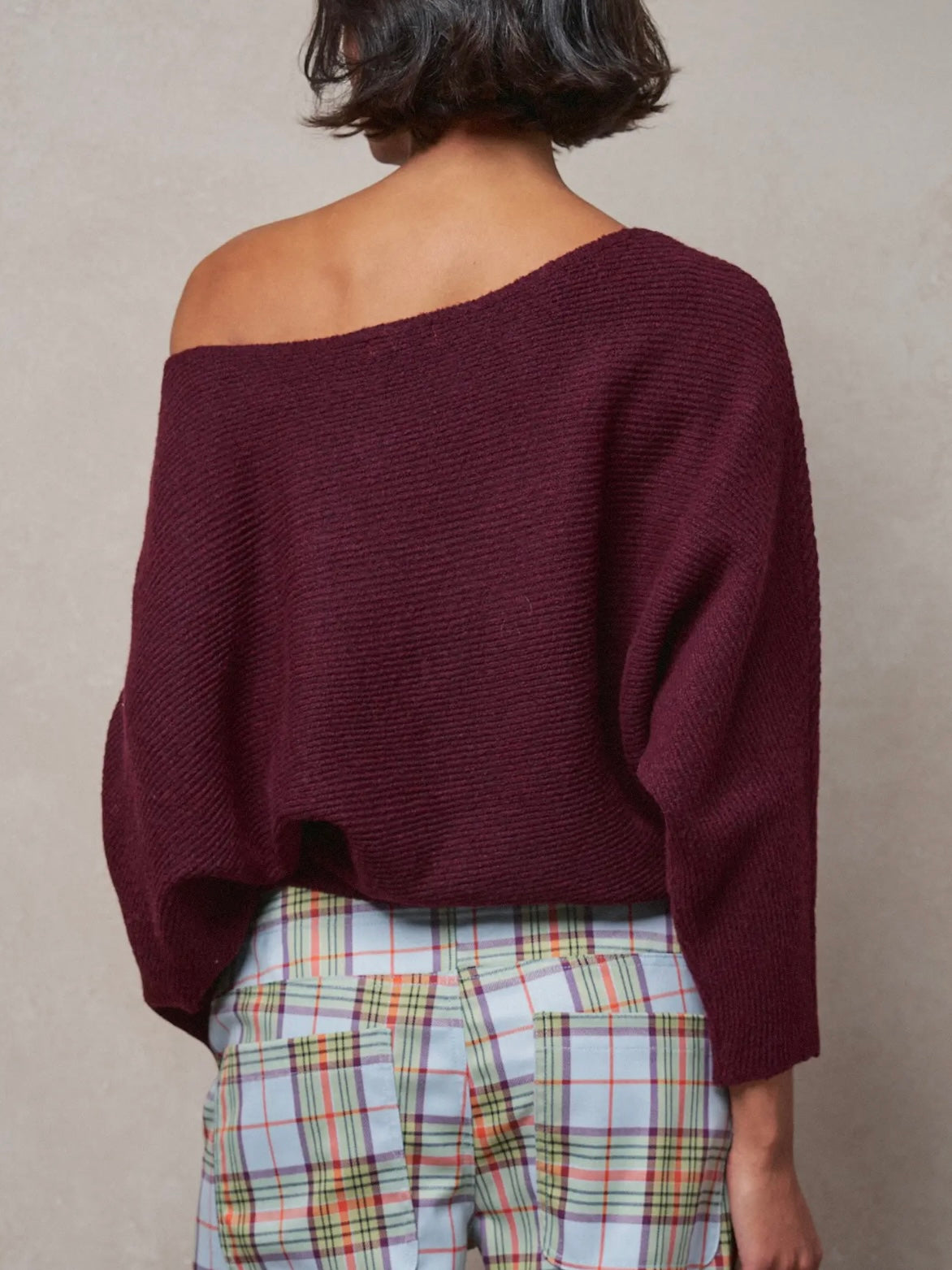 Burgundy Dolman Sleeve Boat Neck Knit Sweater