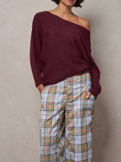 Burgundy Dolman Sleeve Boat Neck Knit Sweater