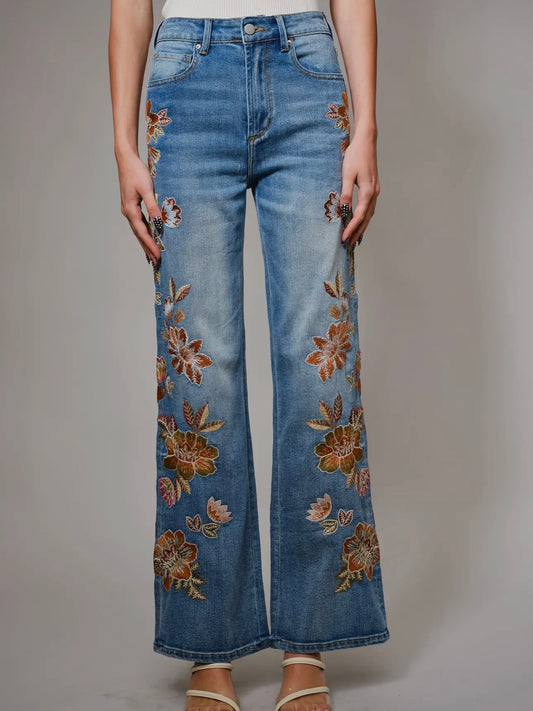 Flower Embroidery Flare Jeans