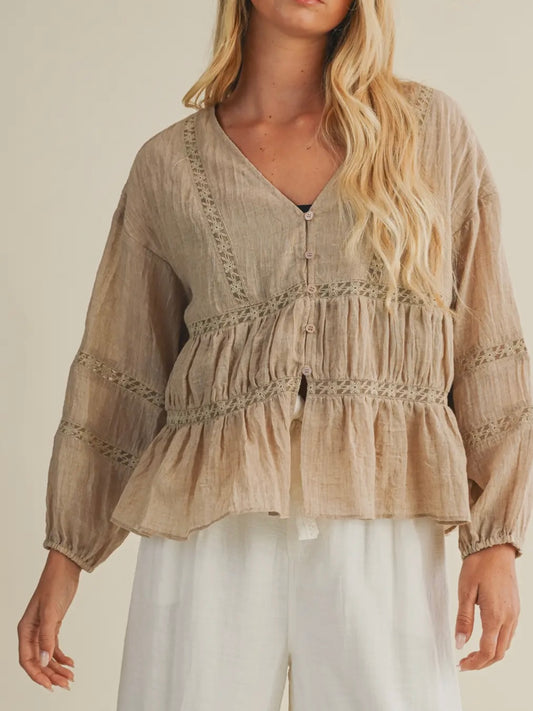 Taupe V-Neck Ruffle Blouse