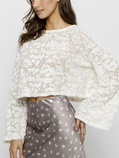 White Sequin Oversized Knit Top