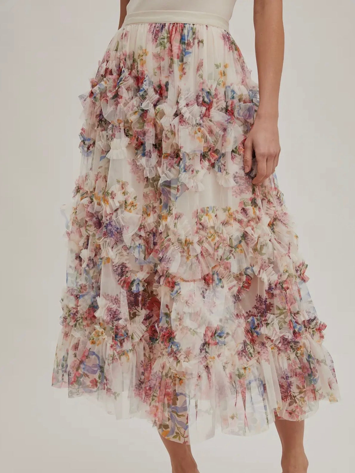 Floral Ruffled Mesh Midi Skirt