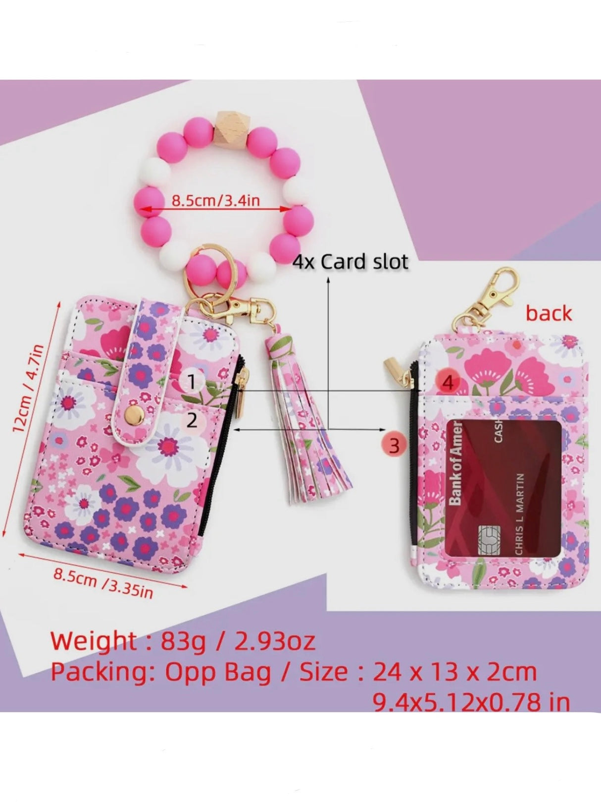 Floral phone case with card holder and keychain on a white background