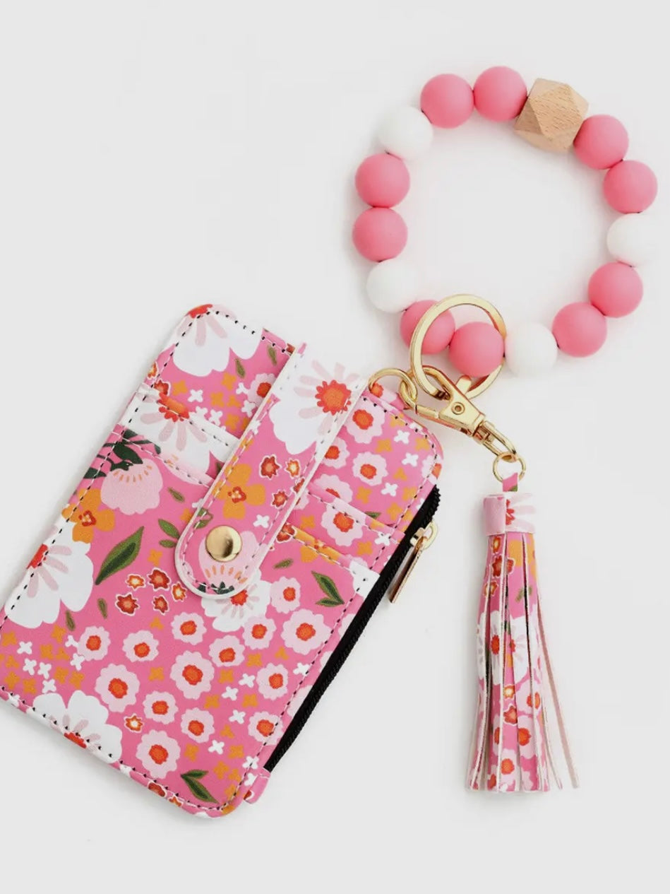 Pink Floral Beaded Keychain Wallet