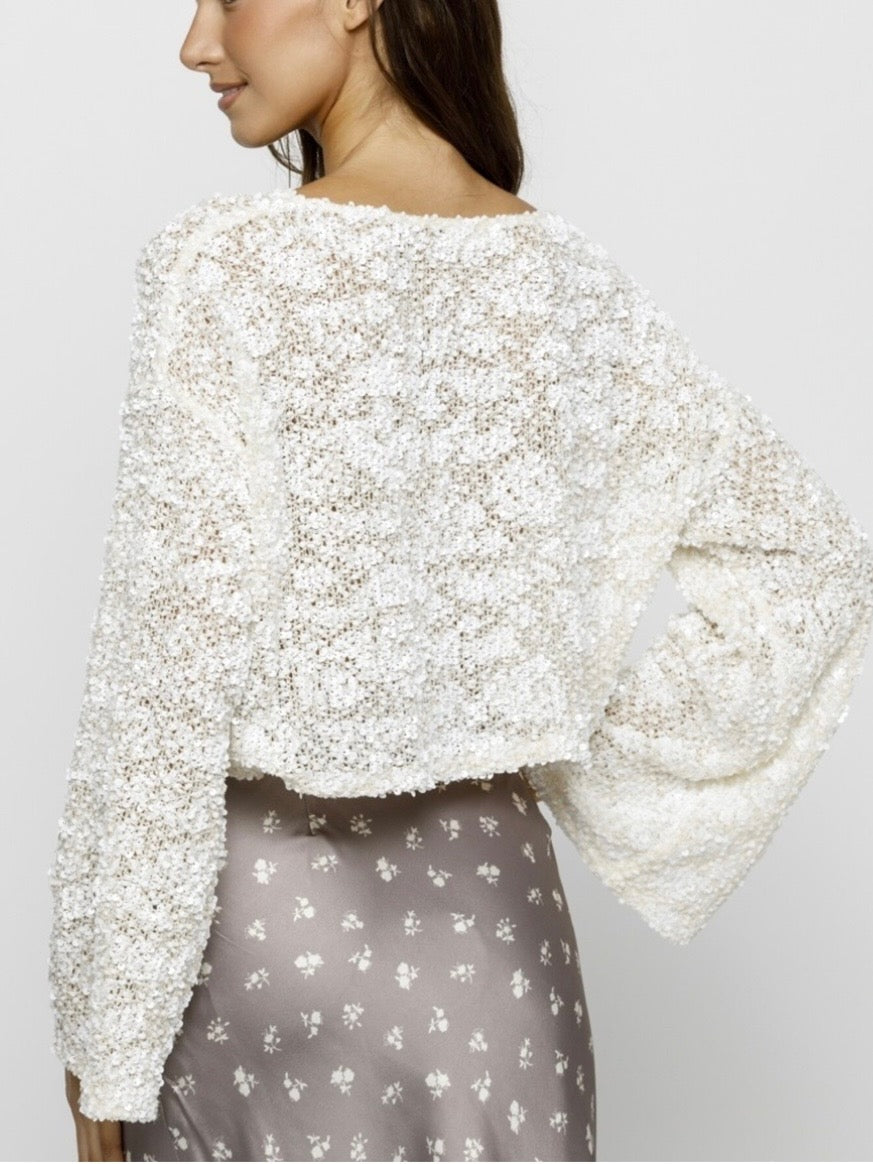 White Sequin Oversized Knit Top