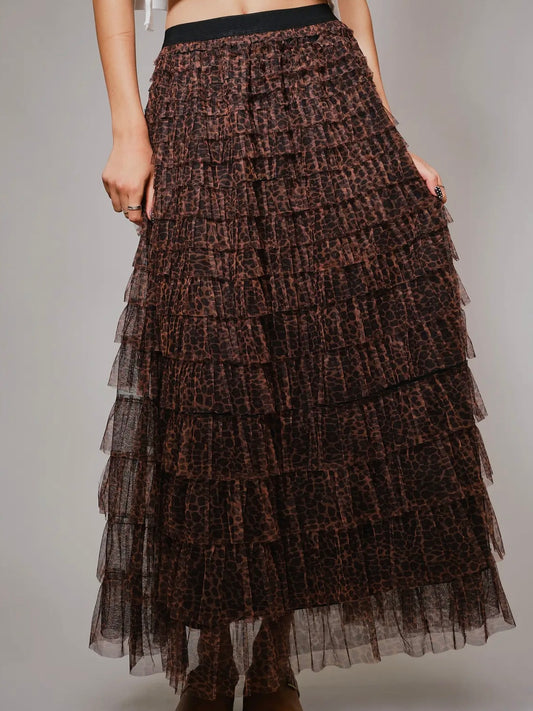 Leopard Print Ruffle Maxi Skirt