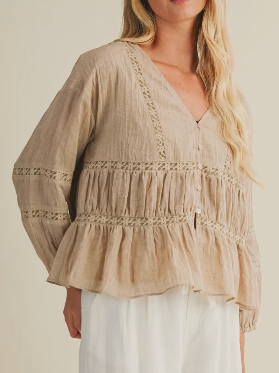 Taupe V-Neck Ruffle Blouse