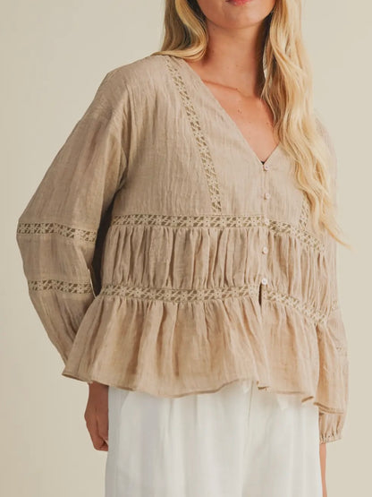 Taupe V-Neck Ruffle Blouse